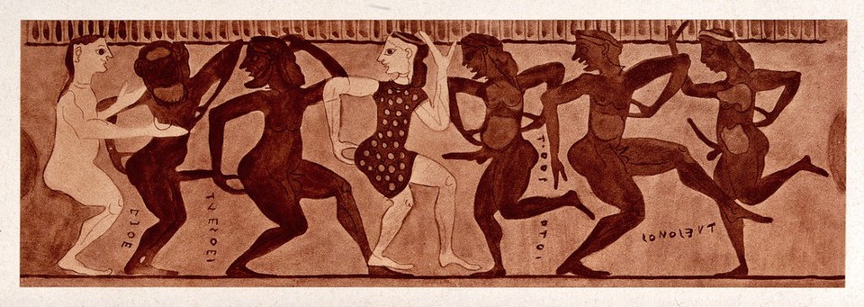 A frieze depicting dancing figures of men and women. Process print, 1921.
