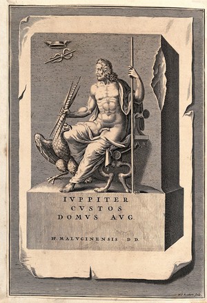 view Jupiter represented as a majestic personage seated on a throne, holding in his hands a sceptre and a thunderbolt; at his feet stands a spread eagle. Engraving by Philibert Bouttats.