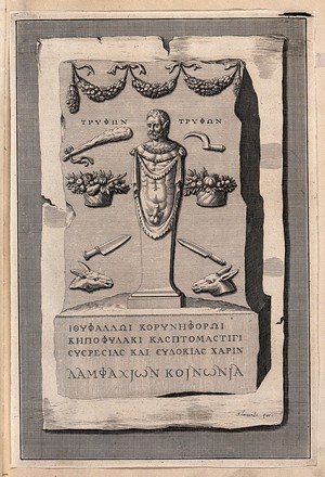 view A statue of Priapus, the god of natural reproduction with baskets and swags of fruit as symbols of male fertility and the earth's fecundity. Engraving by J. Lamsvelt.