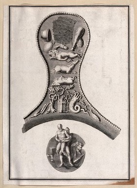 The handle of a silver vessel or pan on which are depicted the labours of Hercules. Engraving and etching by James Basire after himself.