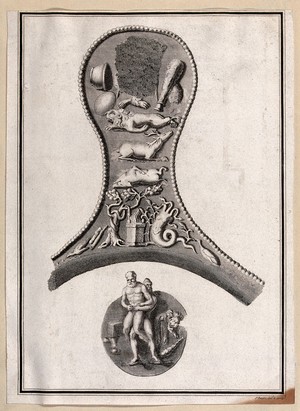 view The handle of a silver vessel or pan on which are depicted the labours of Hercules. Engraving and etching by James Basire after himself.