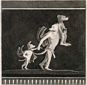 view Figures of three dog-like creatures, two walking and one being carried. Etching by Aloja.