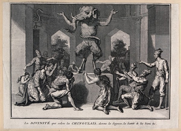 A figure with the head of an elephant and the legs and feet of a goat dances on a table and is worshipped by Singhalese people around him. Etching and engraving.