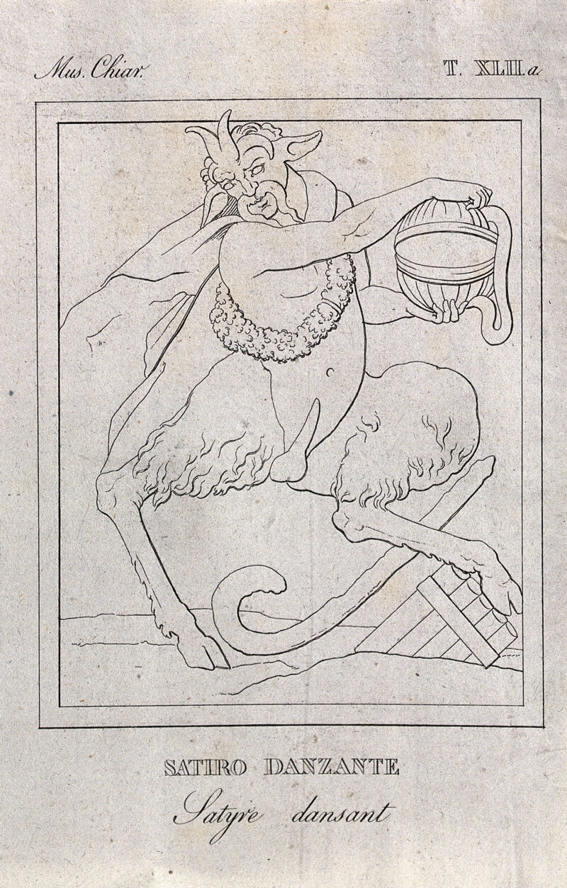 A dancing satyr, holding a casket. Engraving.