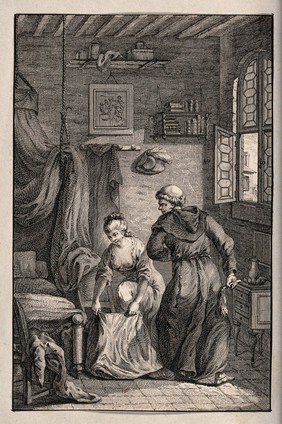 A woman undresses as a man wearing a monk's habit stands nearby with a whip in his hand. Etching.