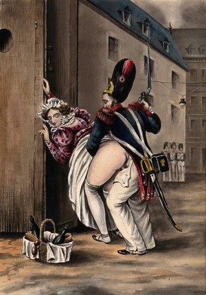 view A grenadier and a woman having sexual intercourse outside a sentry box, she has laid her basket of groceries down in the street. Watercolour.