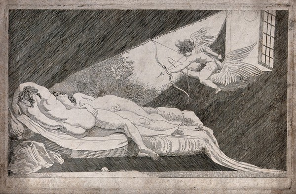 Cupid, armed with a bow and arrow, flies in through the window to a room where two naked lovers lie asleep on a couch. Etching.
