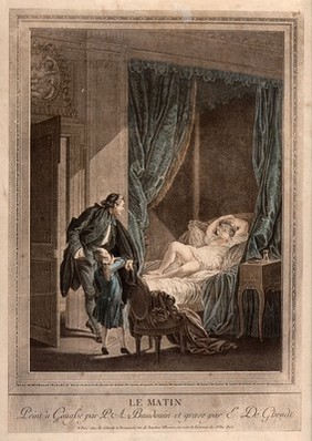 A man and a boy gaze at a young woman as she lies asleep on her bed in the morning. Colour engraving by E. De Ghendt, ca. 1778, after P.A. Baudouin.