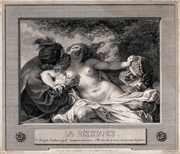 Two old men attempt to force their attentions on a young woman. Engraving by B.A. Nicollet after J.B. Deshaÿes.
