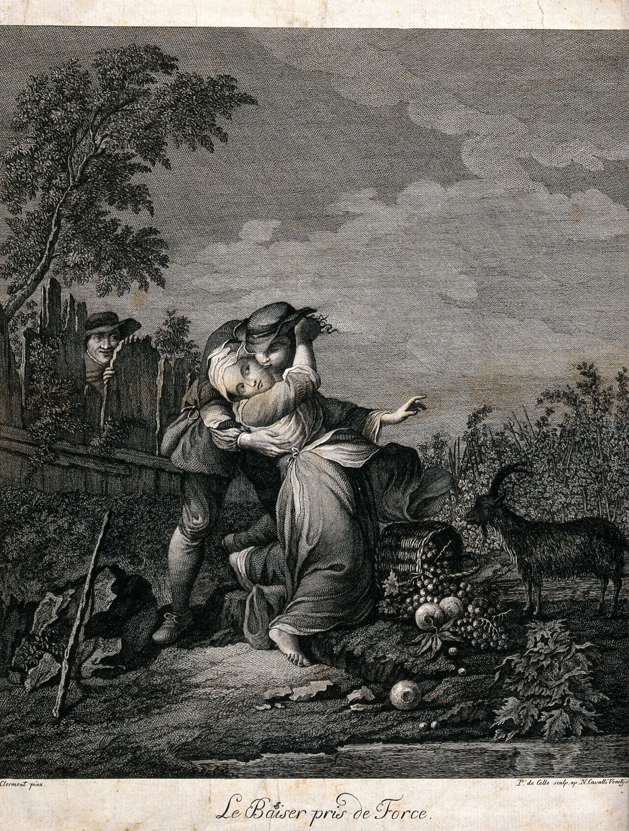 A man forces an unwelcome kiss on a girl, while being watched from over the fence. Engraving by P. de Colle after J.F. Clermont., by Jean-François Clermont