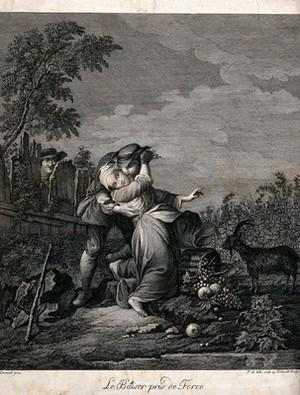 view A man forces an unwelcome kiss on a girl, while being watched from over the fence. Engraving by P. de Colle after J.F. Clermont.