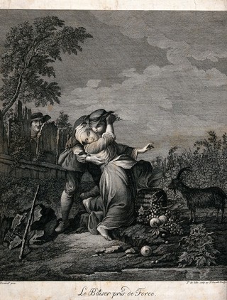 A man forces an unwelcome kiss on a girl, while being watched from over the fence. Engraving by P. de Colle after J.F. Clermont.