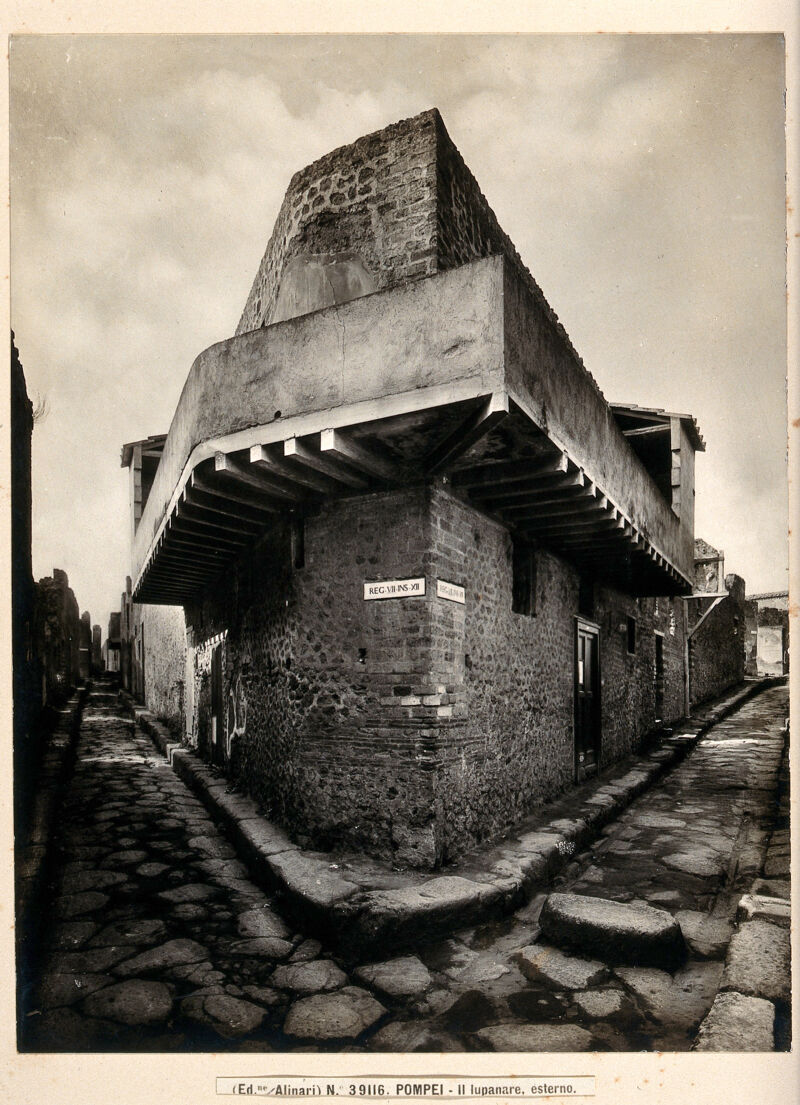 The so-called brothel at Pompeii, three-quarter view. Photograph by Alinari., by Fratelli Alinari