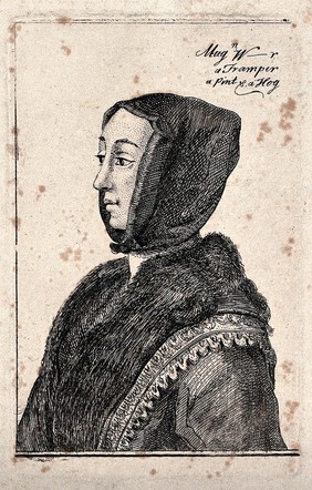 A prostitute with her name and charges. Etching by a follower of Wenceslaus Hollar, 180- (?).