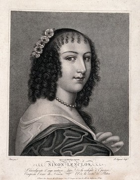 Ninon de Lenclos. Stipple engraving by P. Augrand after J. Petitot.