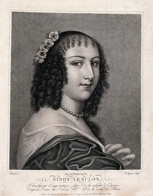 view Ninon de Lenclos. Stipple engraving by P. Augrand after J. Petitot.