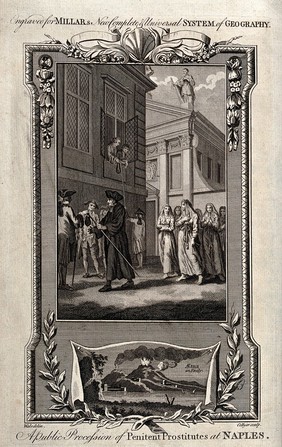 Prostitutes being led through the streets of Naples watched by men from the side and from a window. Engraving by Collyer after S. Wale.