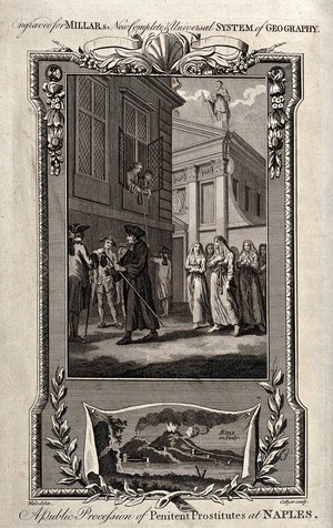 view Prostitutes being led through the streets of Naples watched by men from the side and from a window. Engraving by Collyer after S. Wale.