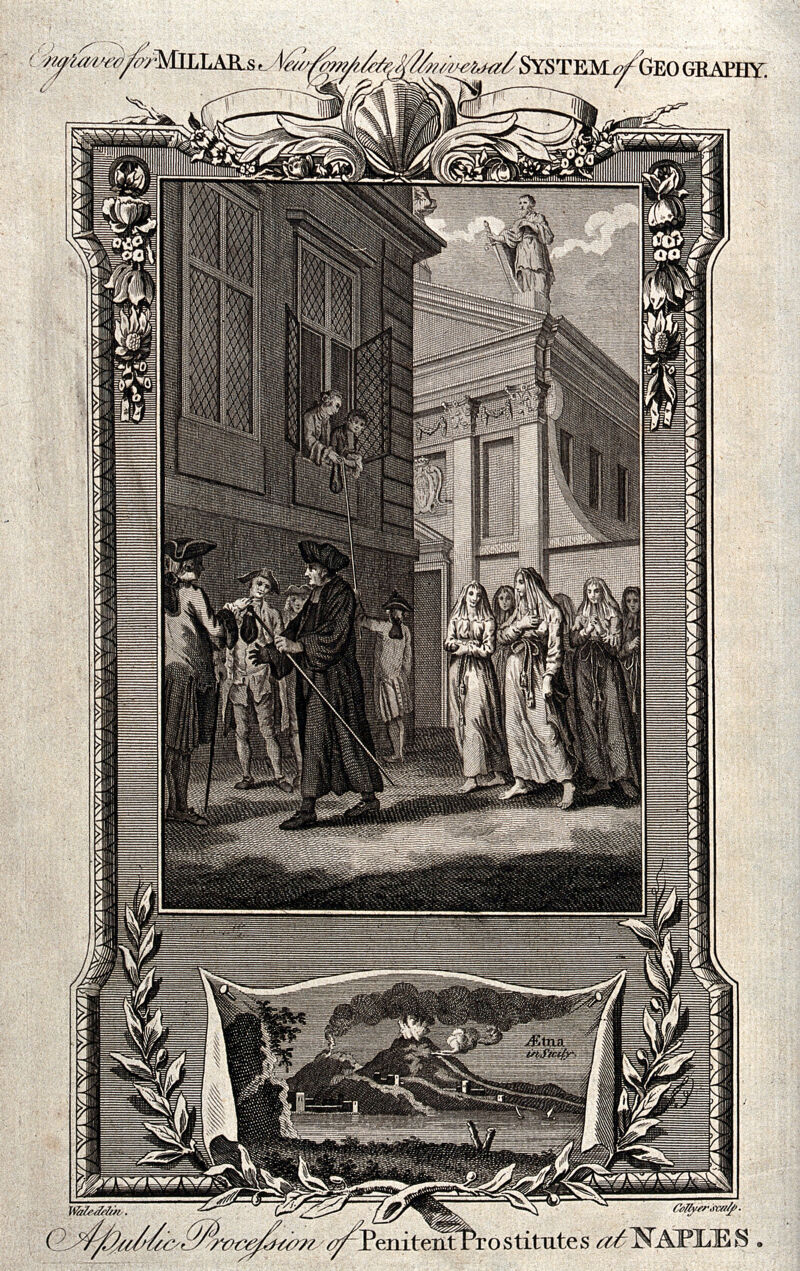 Prostitutes being led through the streets of Naples watched by men from the side and from a window. Engraving by Collyer after S. Wale., [1785], by Samuel Wale