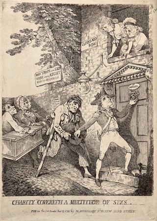 A young soldier puts a coin into the hat of a wounded sailor as he knocks to gain entry to a brothel. Etching by T. Rowlandson, 1781.