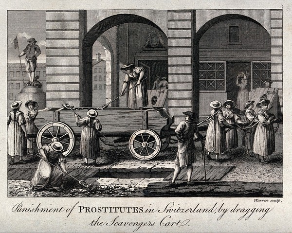 Sex workers in Bern, Switzerland, being punished by collecting night-soil in the streets. Engraving by C. Warren, ca. 1790.
