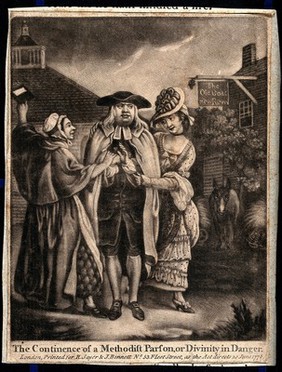 A Methodist minister attempting to choose between two women who pull him in different directions. Mezzotint after J. Collet.