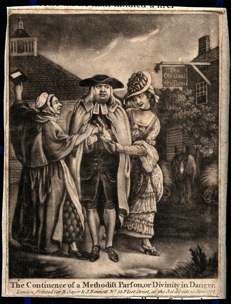 A Methodist minister attempting to choose between two women who pull him in different directions. Mezzotint after J. Collet., 10 June 1776, by John Collett