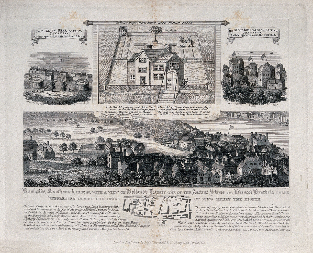 Bankside, Southwark: showing a renowned brothel and theatres. Etching by B. Howlett., Sept. 2, 1818, by Bartholomew Howlett