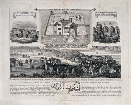 Bankside, Southwark: showing a renowned brothel and theatres. Etching by B. Howlett.