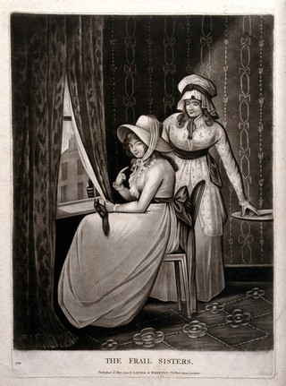 A young woman sits by a window with a squirrel on her lap and another woman stands behind the chair. Mezzotint.