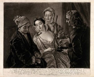 view A man puts his hand into his purse to pay for the services of a young woman, as another hands her a pair of earrings. Mezzotint by J. Faber after P. Mercier.