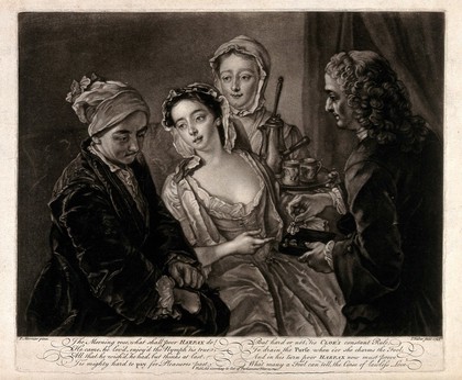 A man puts his hand into his purse to pay for the services of a young woman, as another hands her a pair of earrings. Mezzotint by J. Faber after P. Mercier.