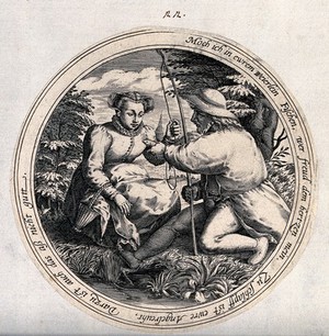 view A fisherman on a river bank offers a fish to a young woman and asks her for a favour. Engraving after M. van Cleve.