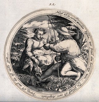 A fisherman on a river bank offers a fish to a young woman and asks her for a favour. Engraving after M. van Cleve.