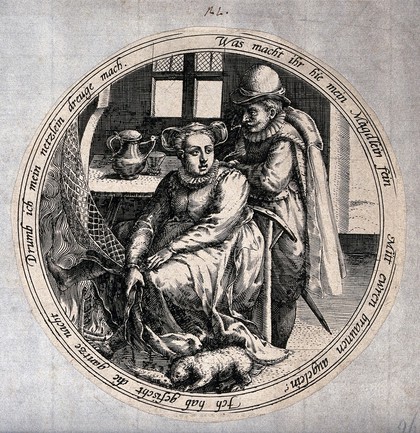 The fisherman has brought home his catch of fish which fall out of the net at the woman's feet. Engraving after M. van Cleve.
