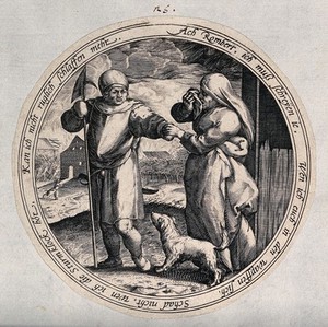 view A woman is upset as a man takes his leave of her. Engraving after M. van Cleve.
