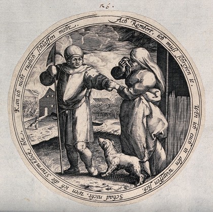 A woman is upset as a man takes his leave of her. Engraving after M. van Cleve.