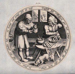 view A woman stuffing sausages banters with a man about his not measuring up to the largest size. Engraving after M. van Cleve, ca. 1570.