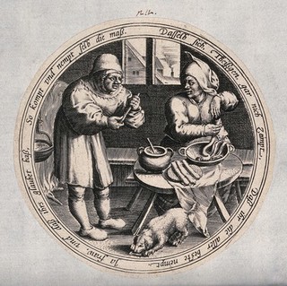 A woman stuffing sausages banters with a man about his not measuring up to the largest size. Engraving after M. van Cleve, ca. 1570.