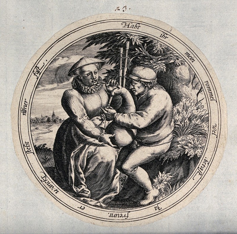 A woman blows into the blowpipe of a man's bag pipes. Engraving after M. van Cleve., [approximately 1570?], by Marten van Cleve
