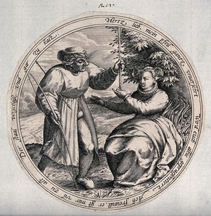 view A man holds a bow and arrow: a woman tests the sharpness of the point of the arrow. Engraving after M. van Cleve.
