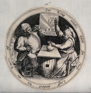 view A man drinks from a glass as a woman holds a jug and raises her hand in the air. Engraving after M. van Cleve.