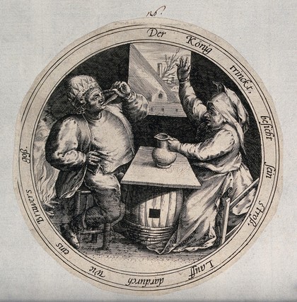 A man drinks from a glass as a woman holds a jug and raises her hand in the air. Engraving after M. van Cleve.