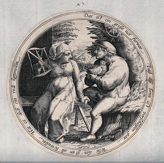 A man and a woman sit in a farmyard, the man has a hen on his knee. Engraving after M. van Cleve.