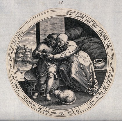 A man and a woman sit together holding a bowl. Engraving after M. van Cleve.