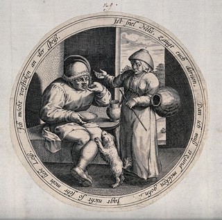 A man eats from a dish as the woman talks to him. Engraving after M. van Cleve.