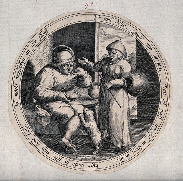 A Man Eats From A Dish As The Woman Talks To Him Engraving Wellcome Collection