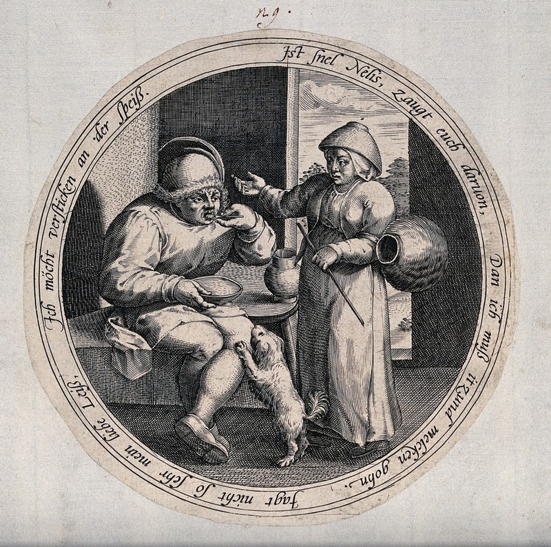 A man eats from a dish as the woman talks to him. Engraving after M. van Cleve., [approximately 1570?], by Marten van Cleve