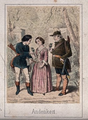 Two men giving flowers to a young woman. Coloured lithograph.