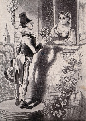 view A young man stands on a barrel to reach the girl at the window and to hand her flowers and serenade her with his guitar. Etching.